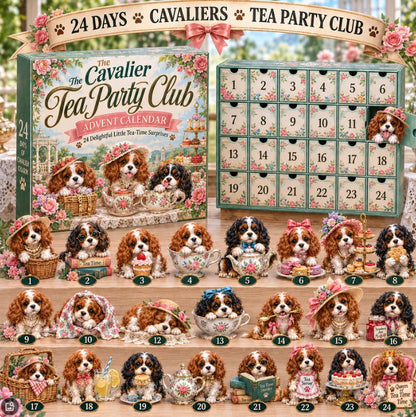 CHRISTMAS KICKOFF 49% OFF - 2026 The Cavalier Tea Party Club Advent Calendar - 24‑Day Festive Countdown, Victorian Tea Time Themed Cavalier Collectible Miniatures Blind Box - Gift For Tea & Dog Lovers