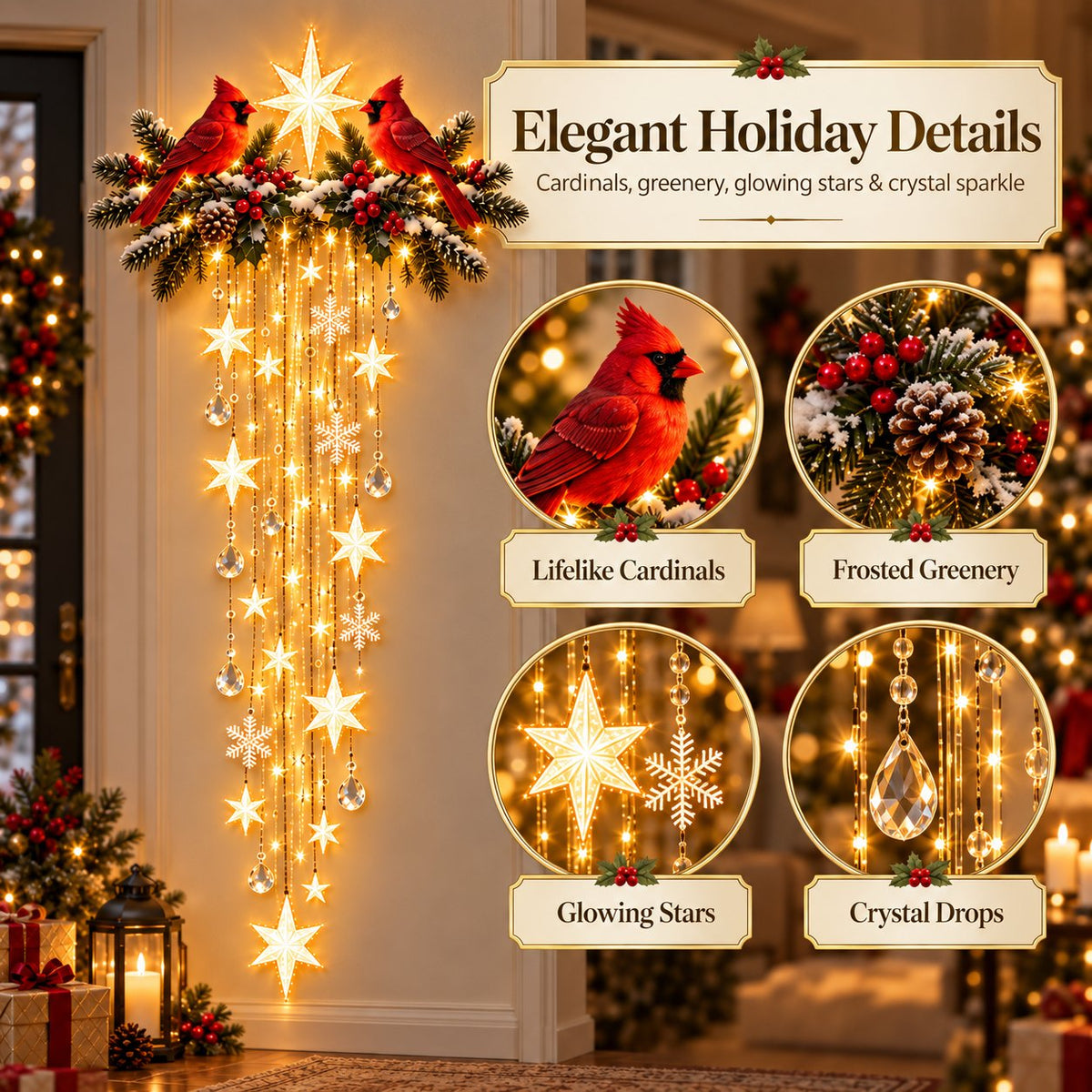 ❤️🐦 Cardinal Christmas Starfall Wall Light ✨ Glowing Holiday Cascade Decor