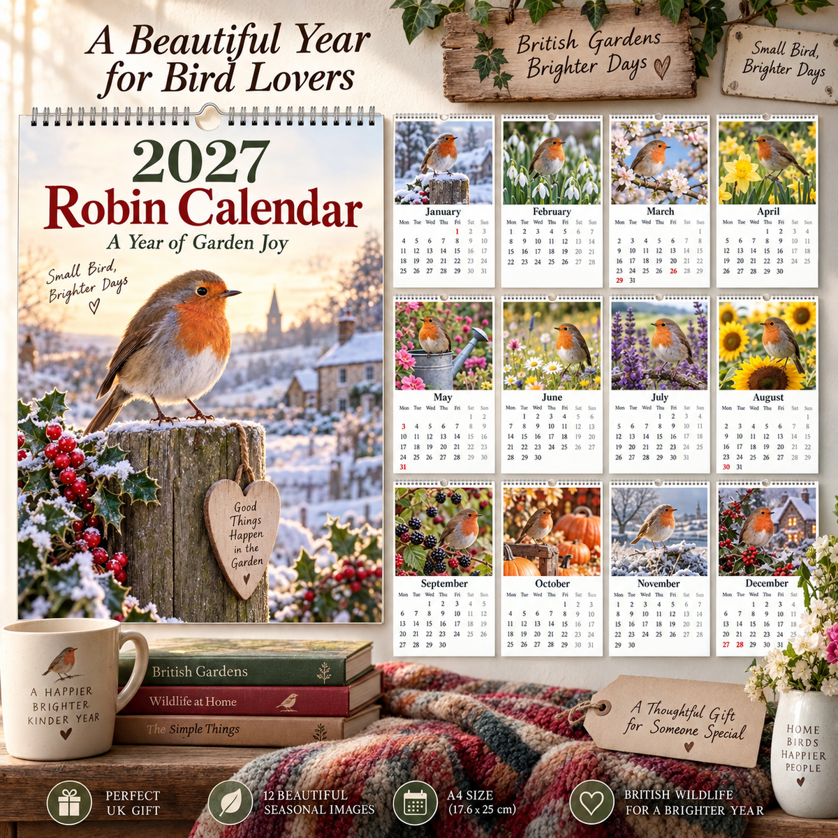 📅 2027 Robin Calendar - A4 Hanging Calendar
