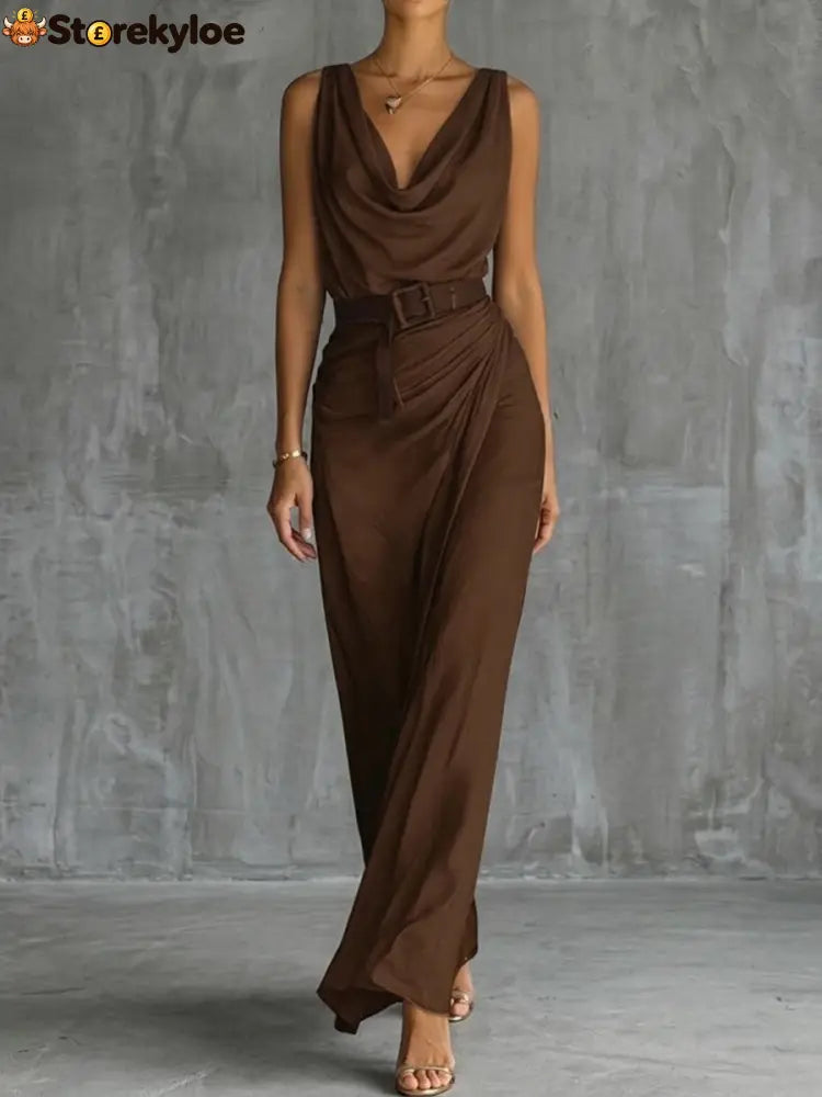 Chic And Sophisticated Cowl-neck Dress - Brown / S