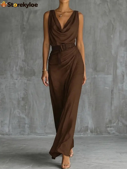 Chic And Sophisticated Cowl-neck Dress - Brown / S