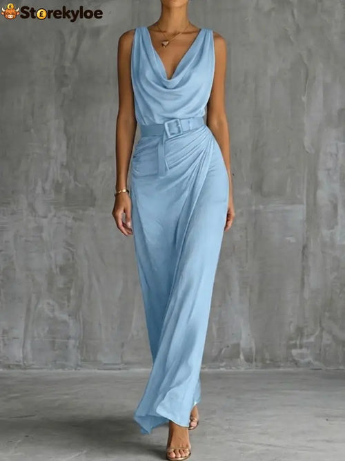 Chic And Sophisticated Cowl-neck Dress - LightBlue / S