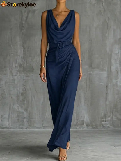 Chic And Sophisticated Cowl-neck Dress - Navy / S