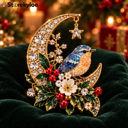 ✨🌙Christmas Crescent Moon Blue Bird Brooch ✨🌙