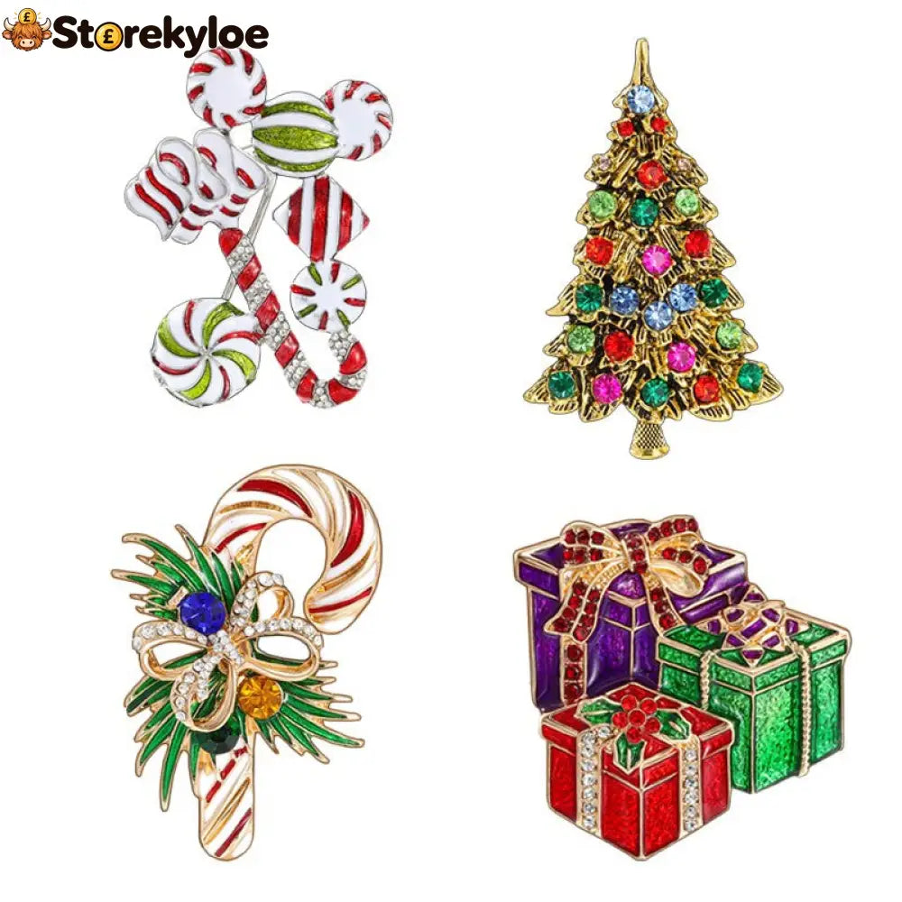 Christmas Crystal Brooch Set Xmas Candy Cane Tree Gift Box Brooch Pin For Women Holiday Lapel Jewelry For Coat Scarf