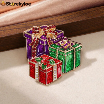 Christmas Crystal Brooch Set Xmas Candy Cane Tree Gift Box Brooch Pin For Women Holiday Lapel Jewelry For Coat Scarf
