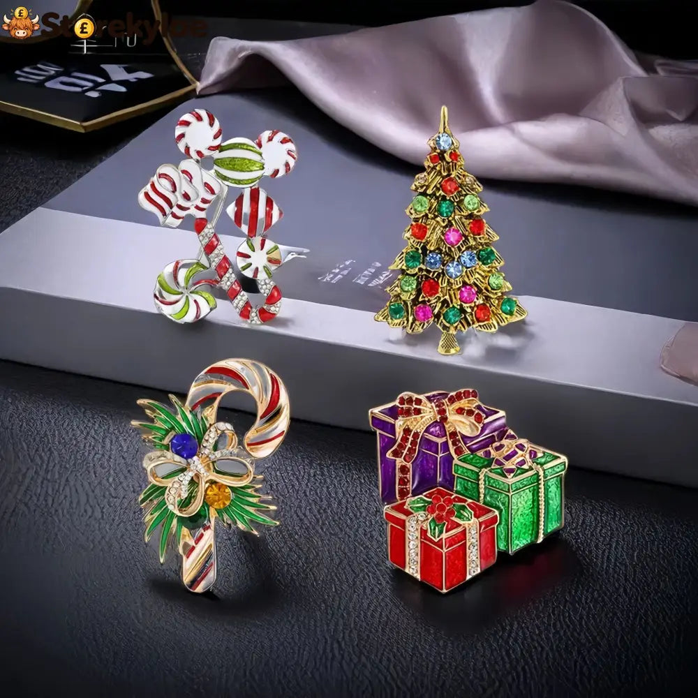 Christmas Crystal Brooch Set Xmas Candy Cane Tree Gift Box Brooch Pin For Women Holiday Lapel Jewelry For Coat Scarf