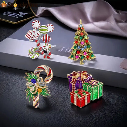 Christmas Crystal Brooch Set Xmas Candy Cane Tree Gift Box Brooch Pin For Women Holiday Lapel Jewelry For Coat Scarf