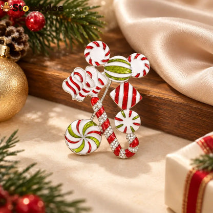 Christmas Crystal Brooch Set Xmas Candy Cane Tree Gift Box Brooch Pin For Women Holiday Lapel Jewelry For Coat Scarf