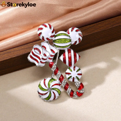 Christmas Crystal Brooch Set Xmas Candy Cane Tree Gift Box Brooch Pin For Women Holiday Lapel Jewelry For Coat Scarf