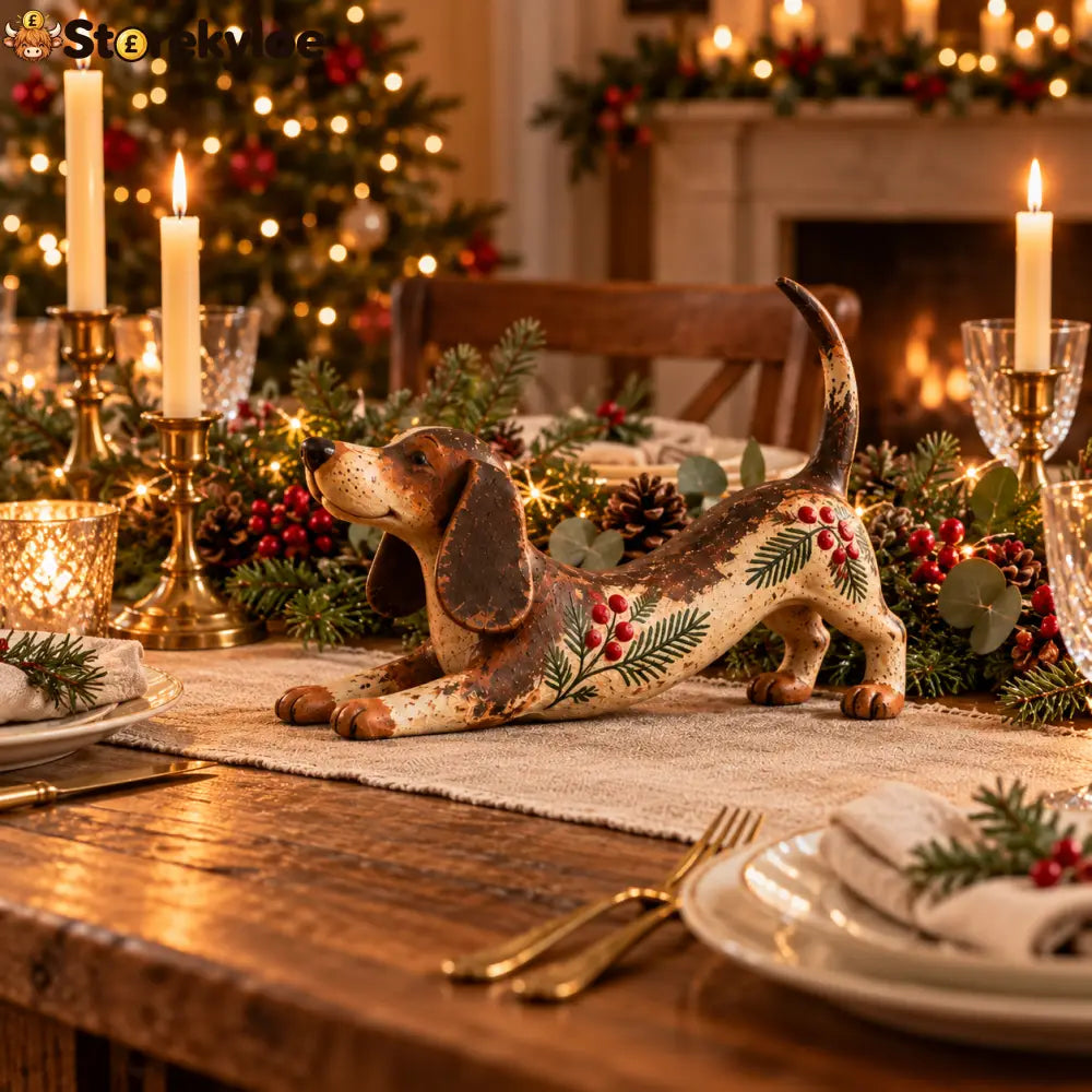 Christmas Dachshund Figurine – Rustic Farmhouse Holiday Dog Decor With Holly & Evergreen Accents