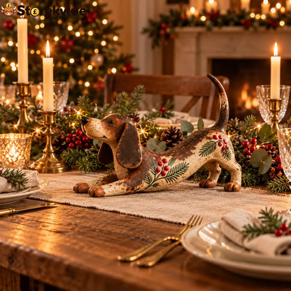 Christmas Dachshund Figurine – Rustic Farmhouse Holiday Dog Decor With Holly & Evergreen Accents