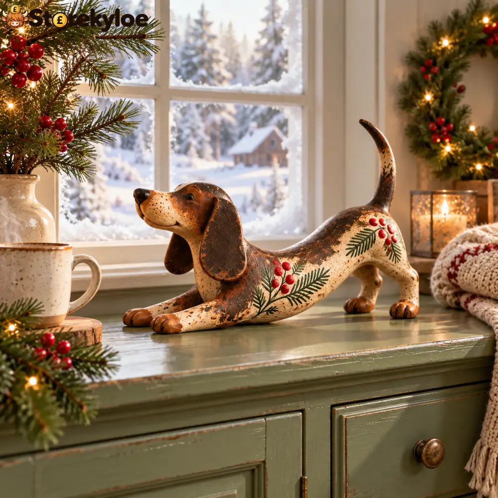 Christmas Dachshund Figurine – Rustic Farmhouse Holiday Dog Decor With Holly & Evergreen Accents