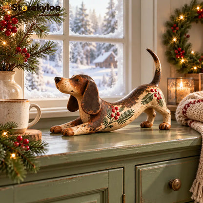 Christmas Dachshund Figurine – Rustic Farmhouse Holiday Dog Decor With Holly & Evergreen Accents