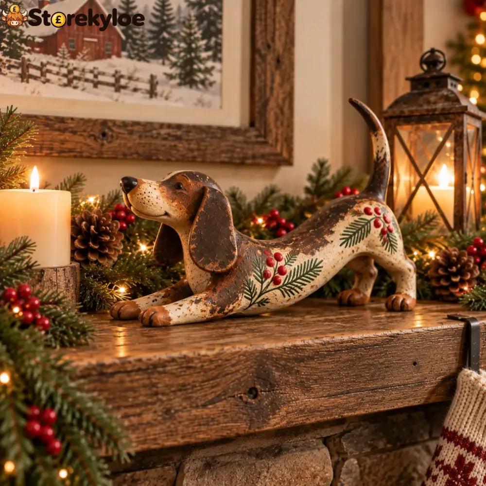 Christmas Dachshund Figurine – Rustic Farmhouse Holiday Dog Decor With Holly & Evergreen Accents