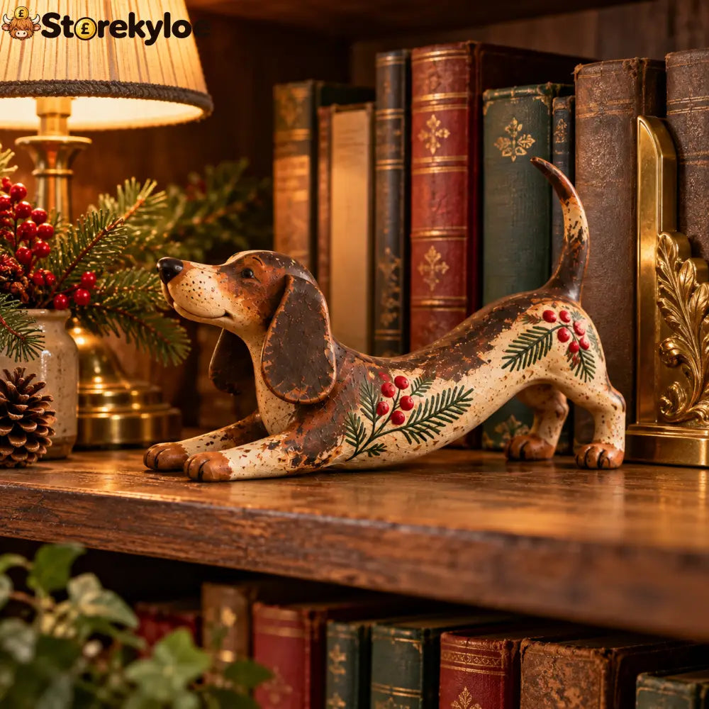 Christmas Dachshund Figurine – Rustic Farmhouse Holiday Dog Decor With Holly & Evergreen Accents