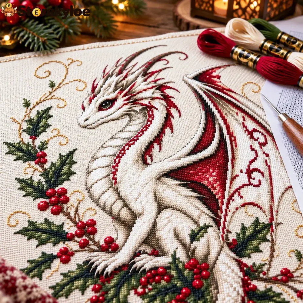 🐉 Christmas Dragon Cross Stitch Diy Kit - Magical Holly Dragon Embroidery Project For Crafters ✨