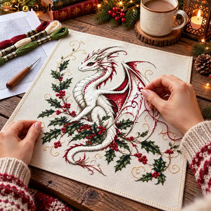 🐉 Christmas Dragon Cross Stitch Diy Kit - Magical Holly Dragon Embroidery Project For Crafters ✨