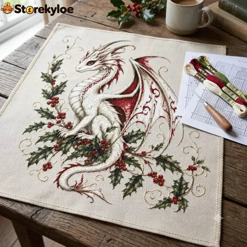 🐉 Christmas Dragon Cross Stitch Diy Kit - Magical Holly Dragon Embroidery Project For Crafters ✨ - 🧵Buy 1 Kit