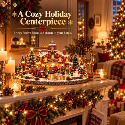 🎄 Christmas Firehouse Village™ – Warm LED Lights Vintage Fire Trucks & Cozy Holiday Display