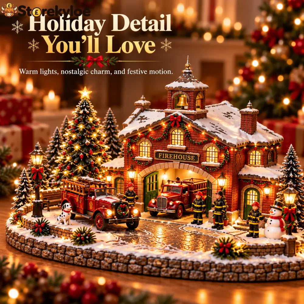 🎄 Christmas Firehouse Village™ – Warm LED Lights Vintage Fire Trucks & Cozy Holiday Display