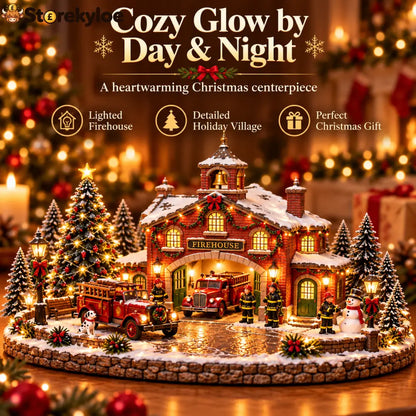 🎄 Christmas Firehouse Village™ – Warm LED Lights Vintage Fire Trucks & Cozy Holiday Display