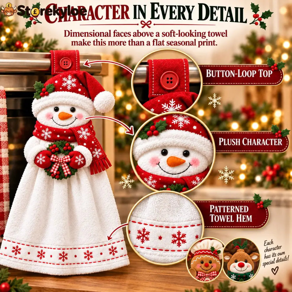 🎄 Christmas Hanging Hand Towel | Button-On Loop Keeps It Within Reach
