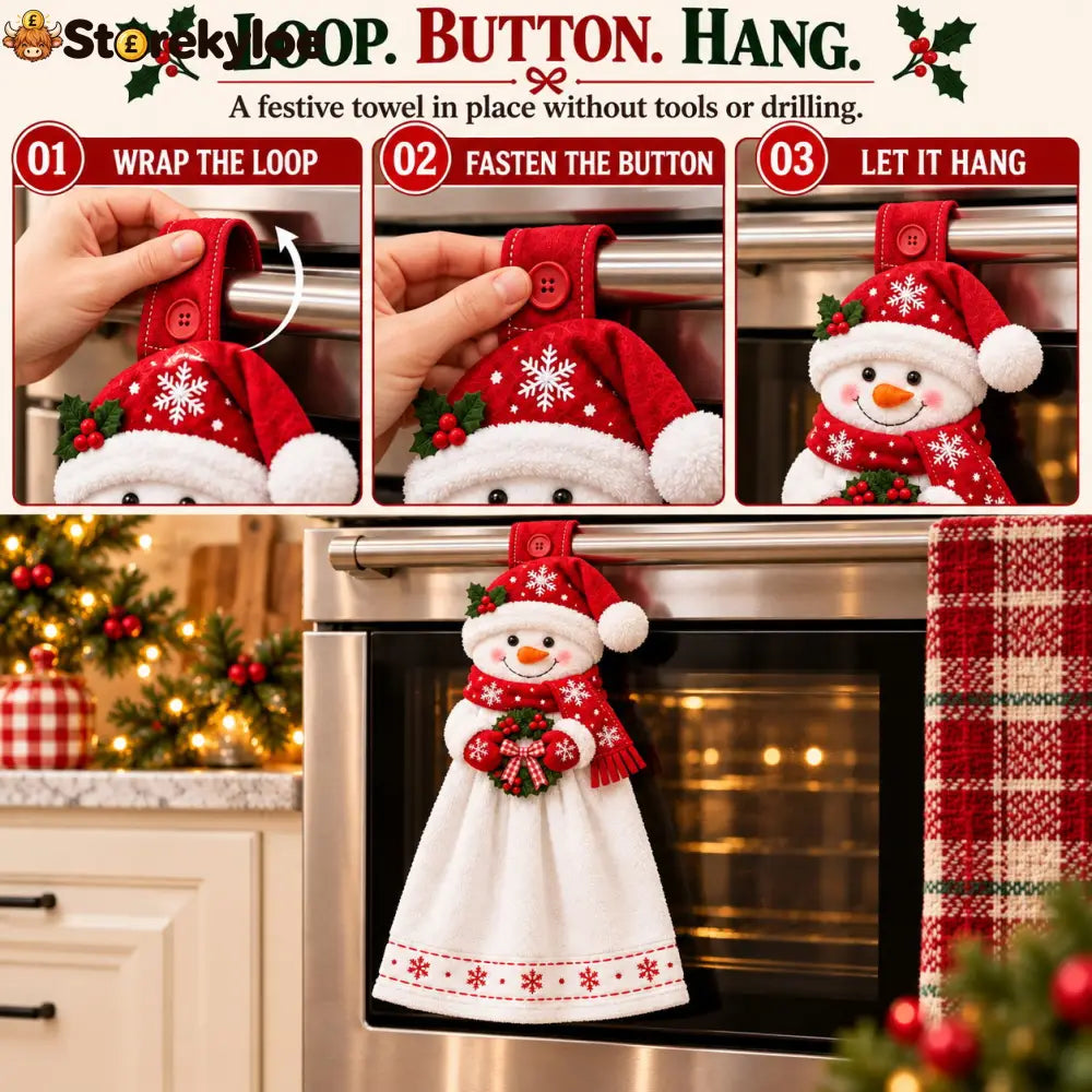 🎄 Christmas Hanging Hand Towel | Button-On Loop Keeps It Within Reach