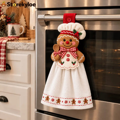 🎄 Christmas Hanging Hand Towel | Button-On Loop Keeps It Within Reach - Gingerbread Baker