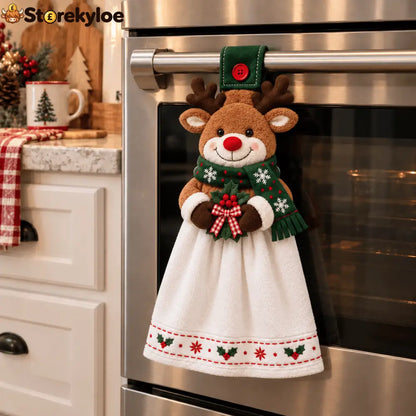 🎄 Christmas Hanging Hand Towel | Button-On Loop Keeps It Within Reach - Reindeer