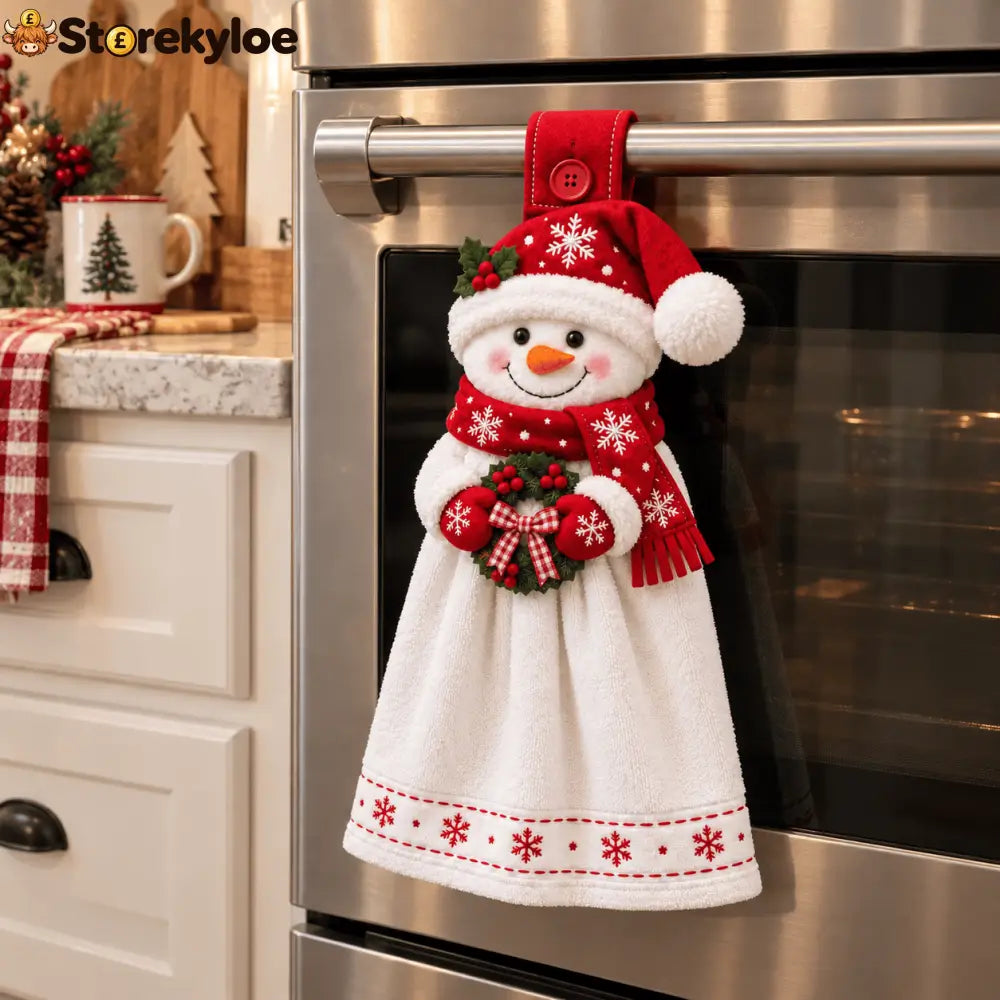 🎄 Christmas Hanging Hand Towel | Button-On Loop Keeps It Within Reach - Snowman