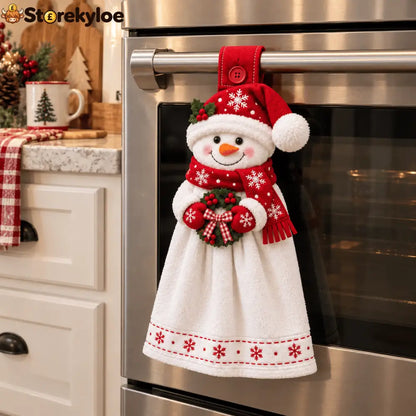 🎄 Christmas Hanging Hand Towel | Button-On Loop Keeps It Within Reach - Snowman