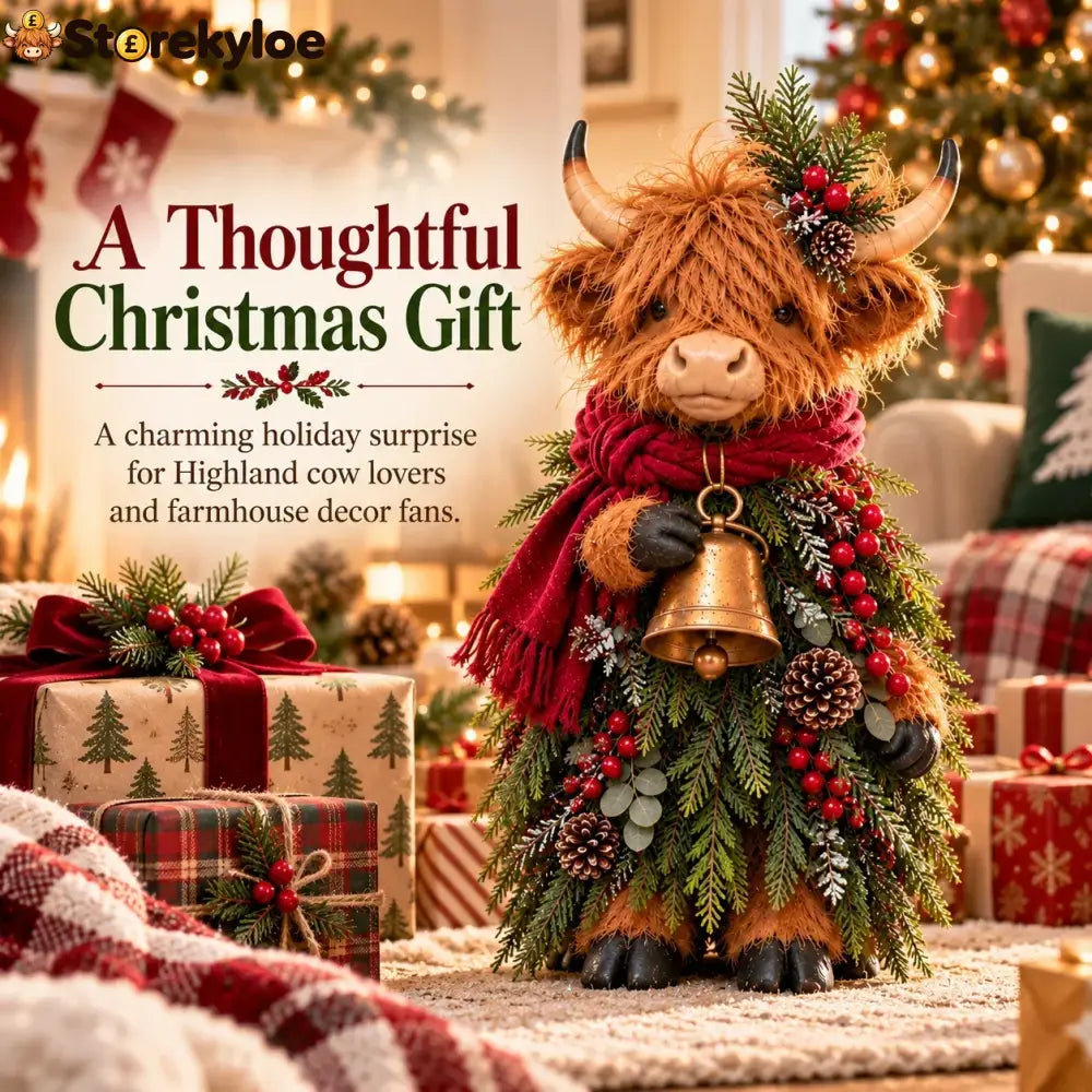 Christmas Highland Cow with Bell – Rustic Farmhouse Holiday Figurine with Evergreen Accents & Burgundy Scarf - Highland