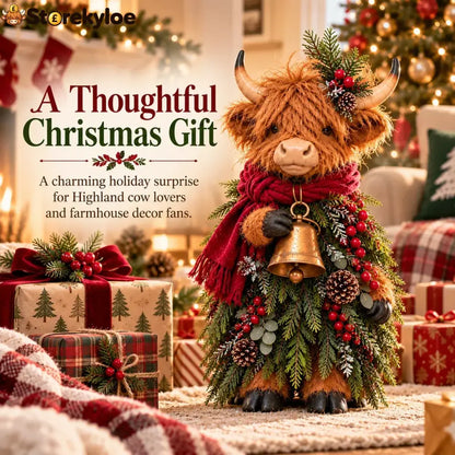 Christmas Highland Cow with Bell – Rustic Farmhouse Holiday Figurine with Evergreen Accents & Burgundy Scarf - Highland