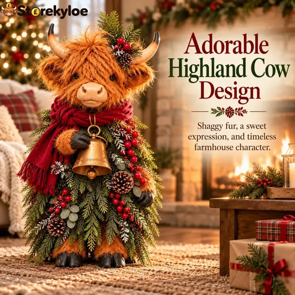 Christmas Highland Cow with Bell – Rustic Farmhouse Holiday Figurine with Evergreen Accents & Burgundy Scarf - Highland