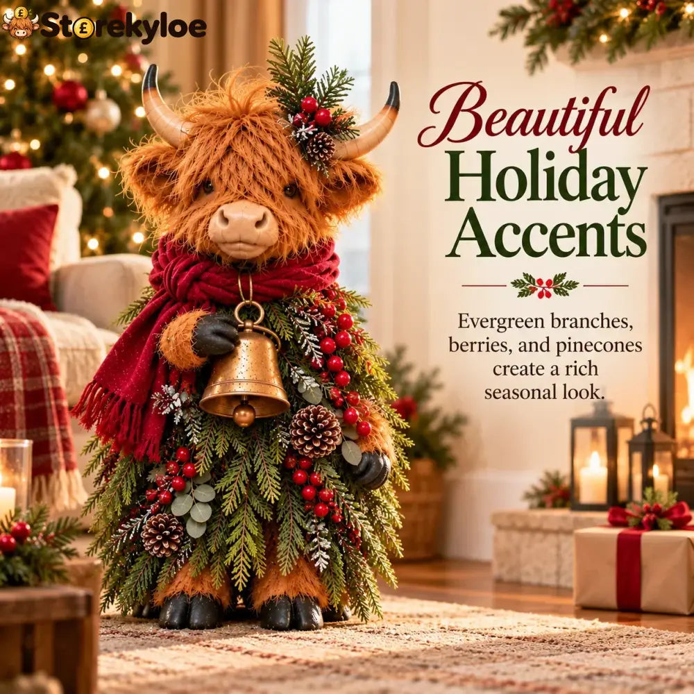 Christmas Highland Cow with Bell – Rustic Farmhouse Holiday Figurine with Evergreen Accents & Burgundy Scarf - Highland