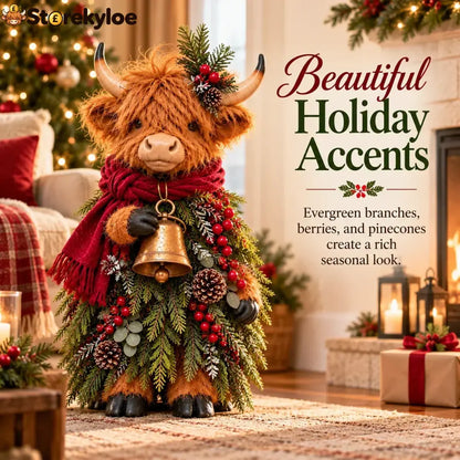 Christmas Highland Cow with Bell – Rustic Farmhouse Holiday Figurine with Evergreen Accents & Burgundy Scarf - Highland