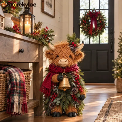 Christmas Highland Cow with Bell – Rustic Farmhouse Holiday Figurine with Evergreen Accents & Burgundy Scarf - Highland