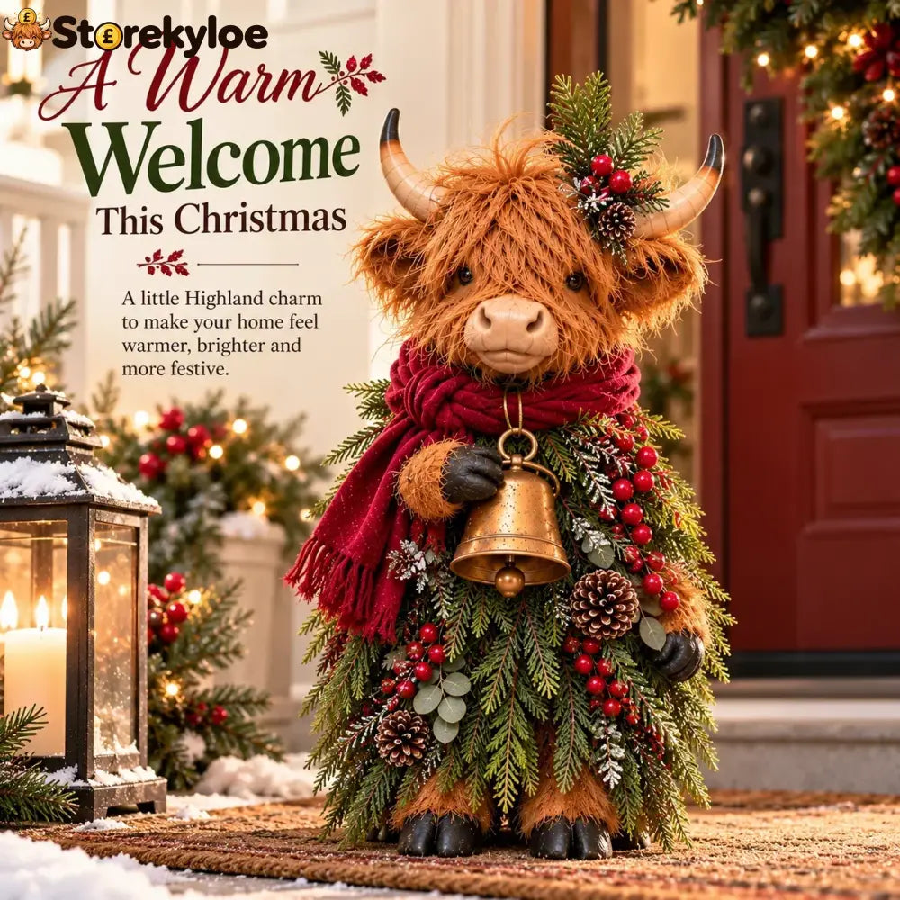 Christmas Highland Cow with Bell – Rustic Farmhouse Holiday Figurine with Evergreen Accents & Burgundy Scarf - Highland
