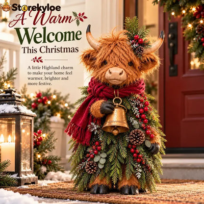 Christmas Highland Cow with Bell – Rustic Farmhouse Holiday Figurine with Evergreen Accents & Burgundy Scarf - Highland