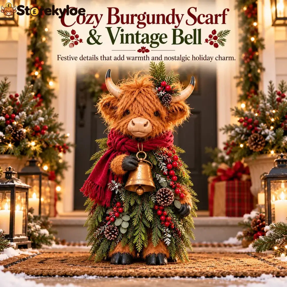 Christmas Highland Cow with Bell – Rustic Farmhouse Holiday Figurine with Evergreen Accents & Burgundy Scarf - Highland