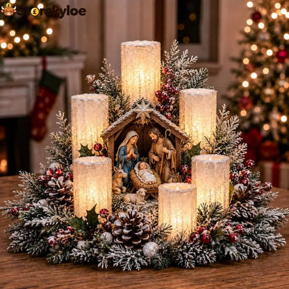 Christmas Lighted Centerpiece With Flameless Candle Glow - Nativity
