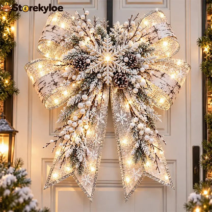 🎁Christmas Magic Bow Door Hangers – Oversized Light-Up Holiday Bows in 6 Festive Styles - ❄️ Frosted Birch