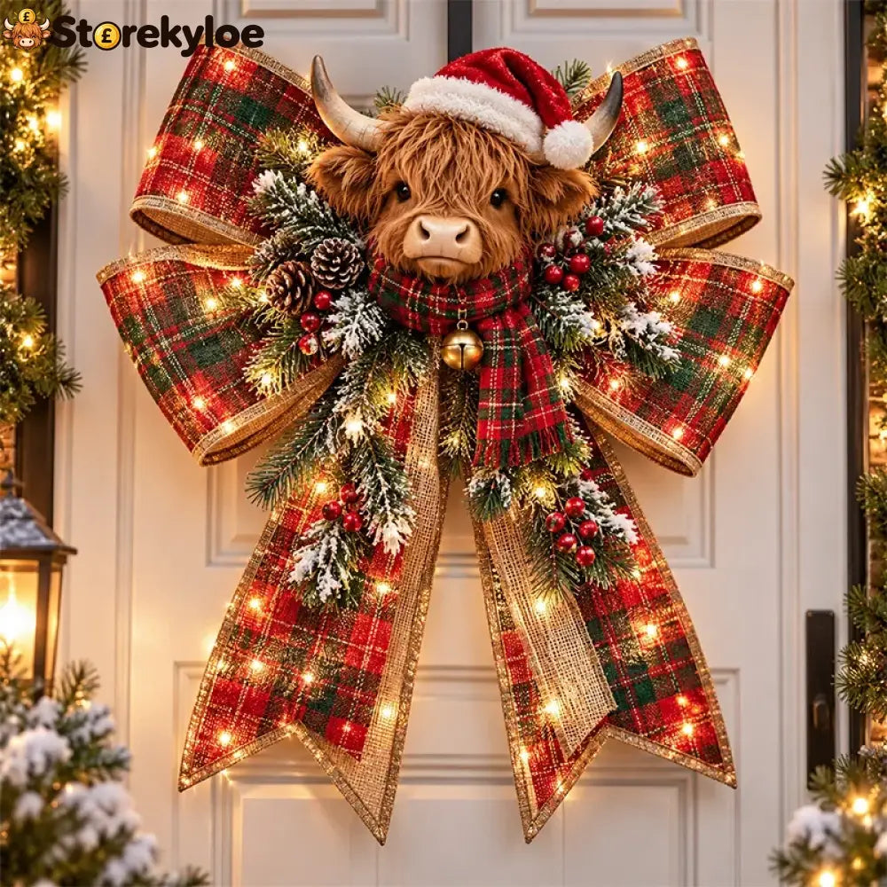😍🎀🎄 Christmas Magic Bow Door Hangers – Oversized Light-Up Holiday Bows in 6 Festive Styles - 🐮 Highland Cow