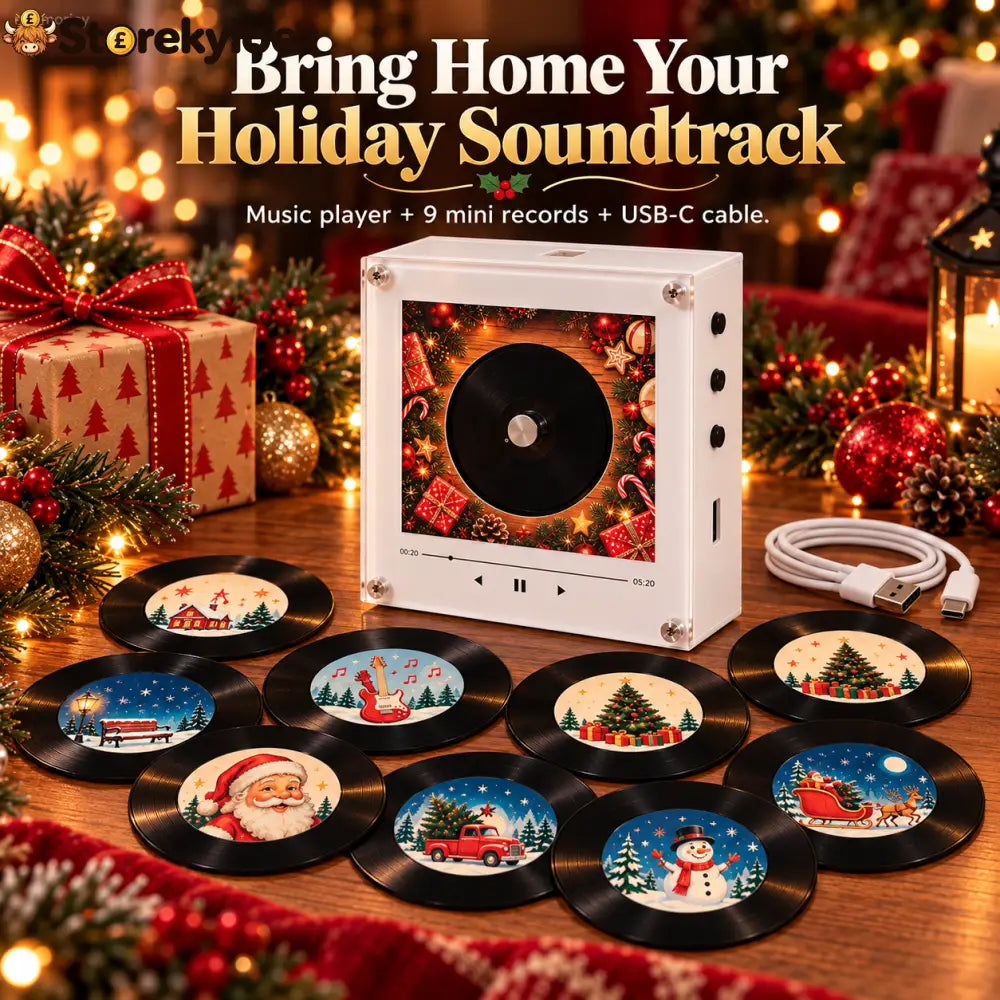 🎄🎵 Christmas Magnetic Music Player with 9 Mini Records – Retro Holiday Decor & Gift Set 🎁