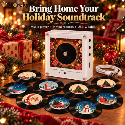 🎄🎵 Christmas Magnetic Music Player with 9 Mini Records – Retro Holiday Decor & Gift Set 🎁