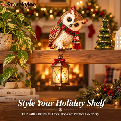 Christmas Owl Figurine with LED Lantern Festive Scarf Owl Shelf Sitter Ornament for Christmas Home Decor