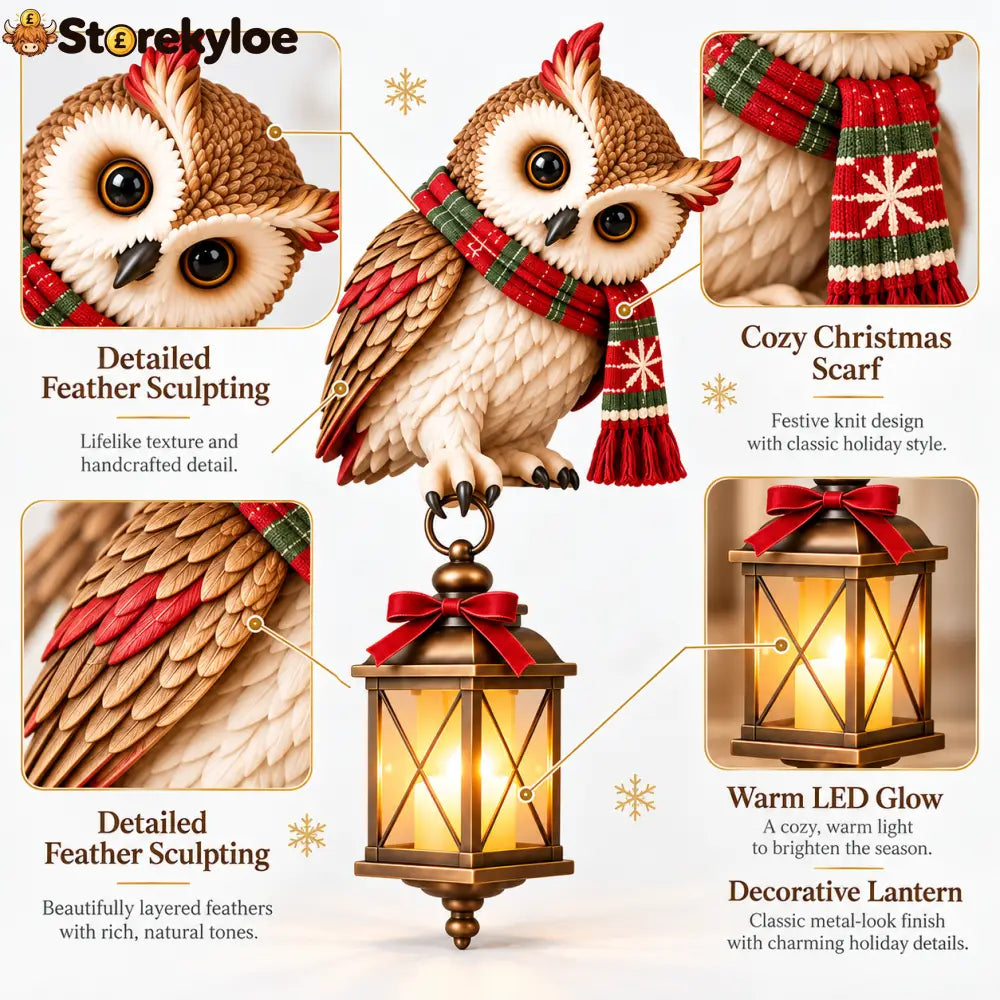 Christmas Owl Figurine with LED Lantern Festive Scarf Owl Shelf Sitter Ornament for Christmas Home Decor