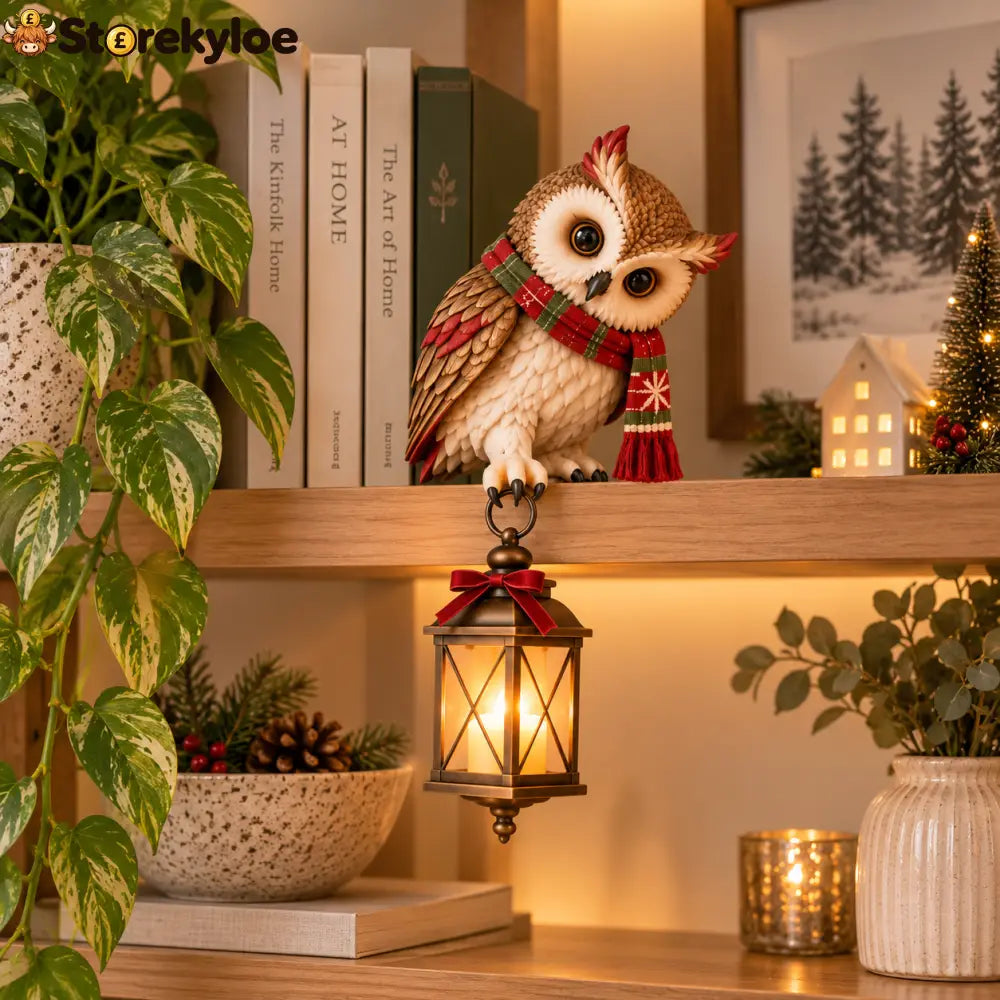 Christmas Owl Figurine with LED Lantern Festive Scarf Owl Shelf Sitter Ornament for Christmas Home Decor