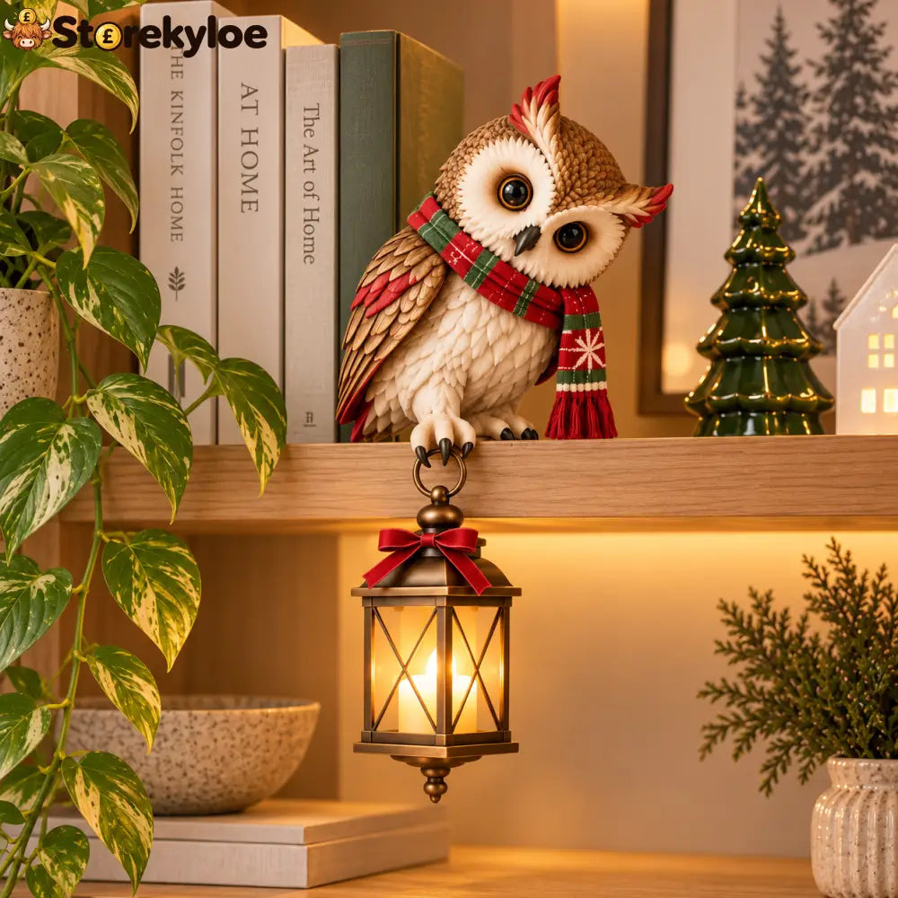Christmas Owl Figurine with LED Lantern Festive Scarf Owl Shelf Sitter Ornament for Christmas Home Decor